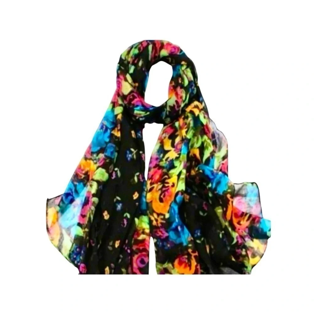 WOMENS SCARF, NWOT, LONG, FLORAL SCARF. COLORFUL RAINBOW OF COLORS.